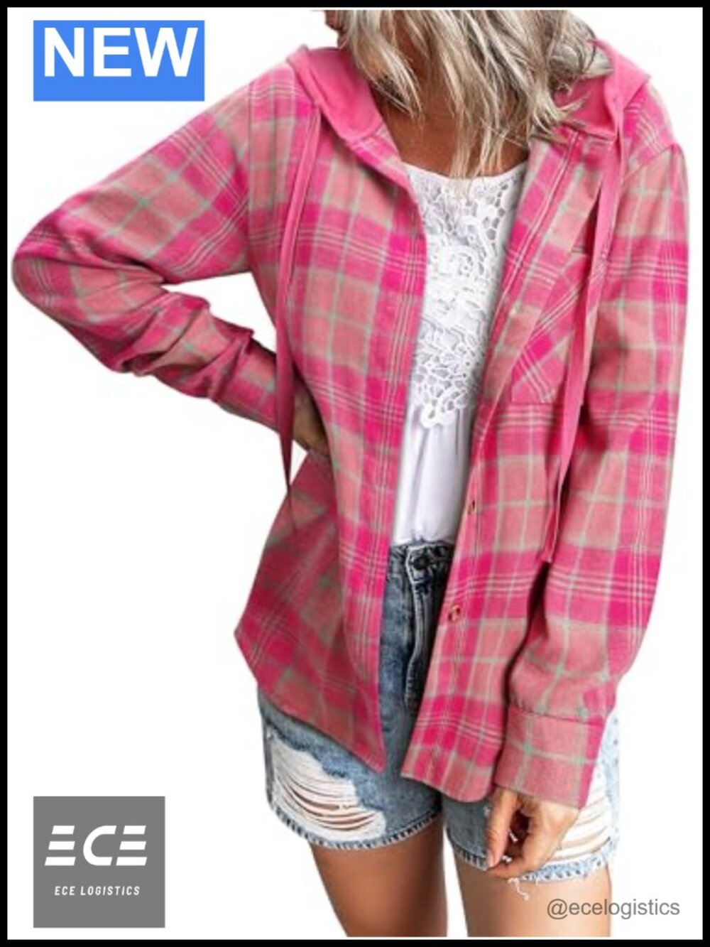 Women's Hooded Plaid Shacket Button Down Flannel Shirt Jacket